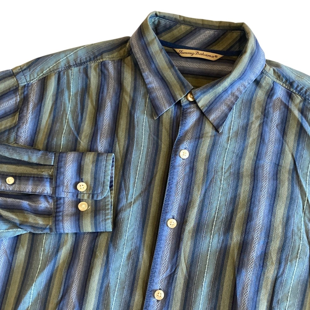 Tommy‎ Bahama Mens Large 100% Silk Striped Long Sleeve Button Down Shirt T32220